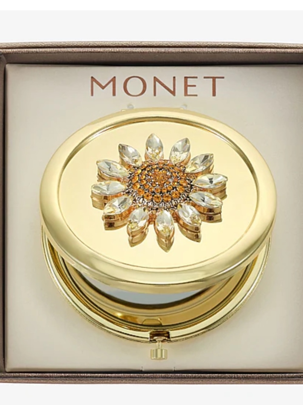 Monet Gold Floral Sunflower Jeweled Compact Mirror